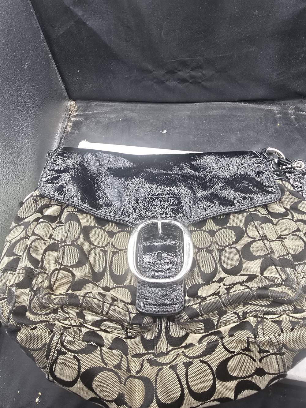 Coach Signature Monogram Buckle Shoulder Bag in Black and Khaki‎